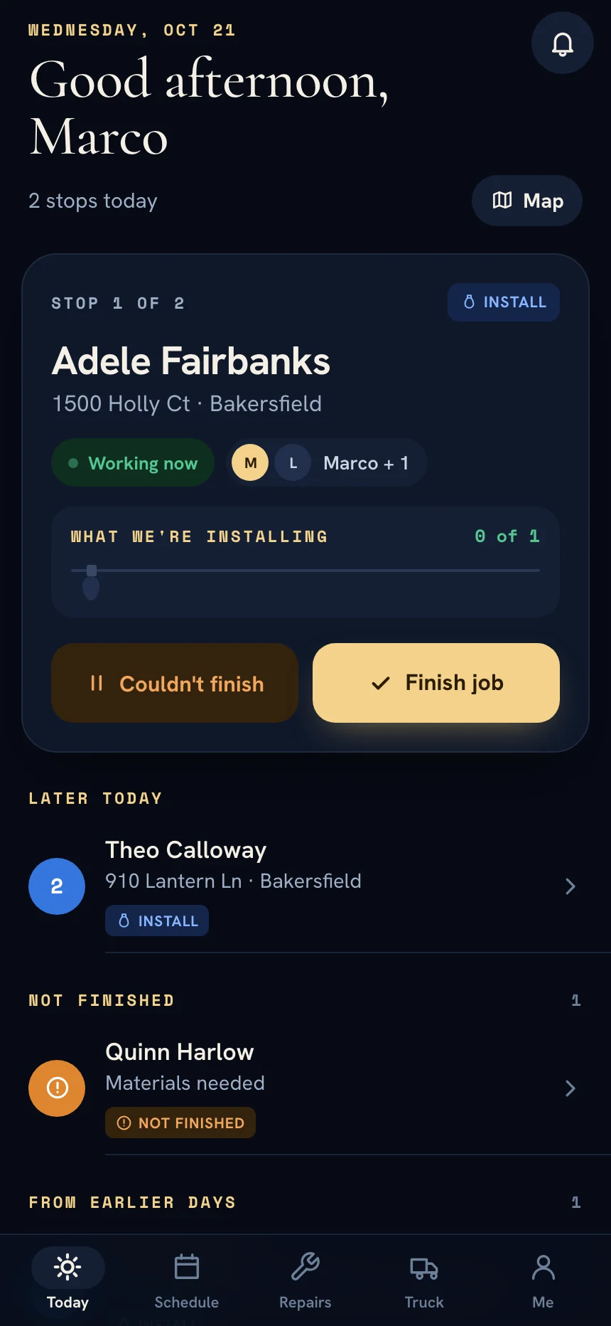 Crew app Today screen with the current stop, Couldn't finish and Finish job buttons, and the next stops