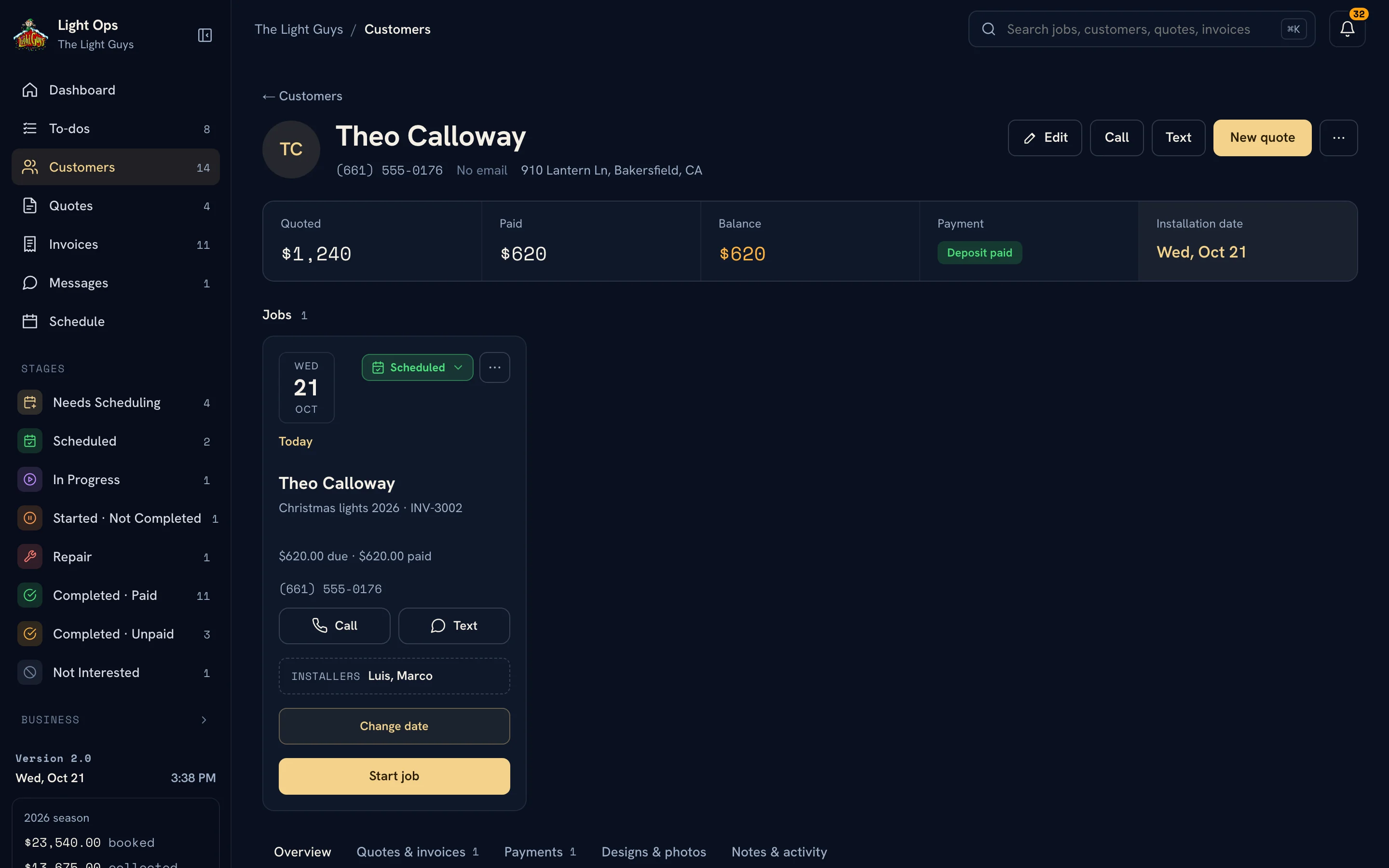 Customer page with quoted, paid and balance totals, a Deposit paid label and the scheduled job card