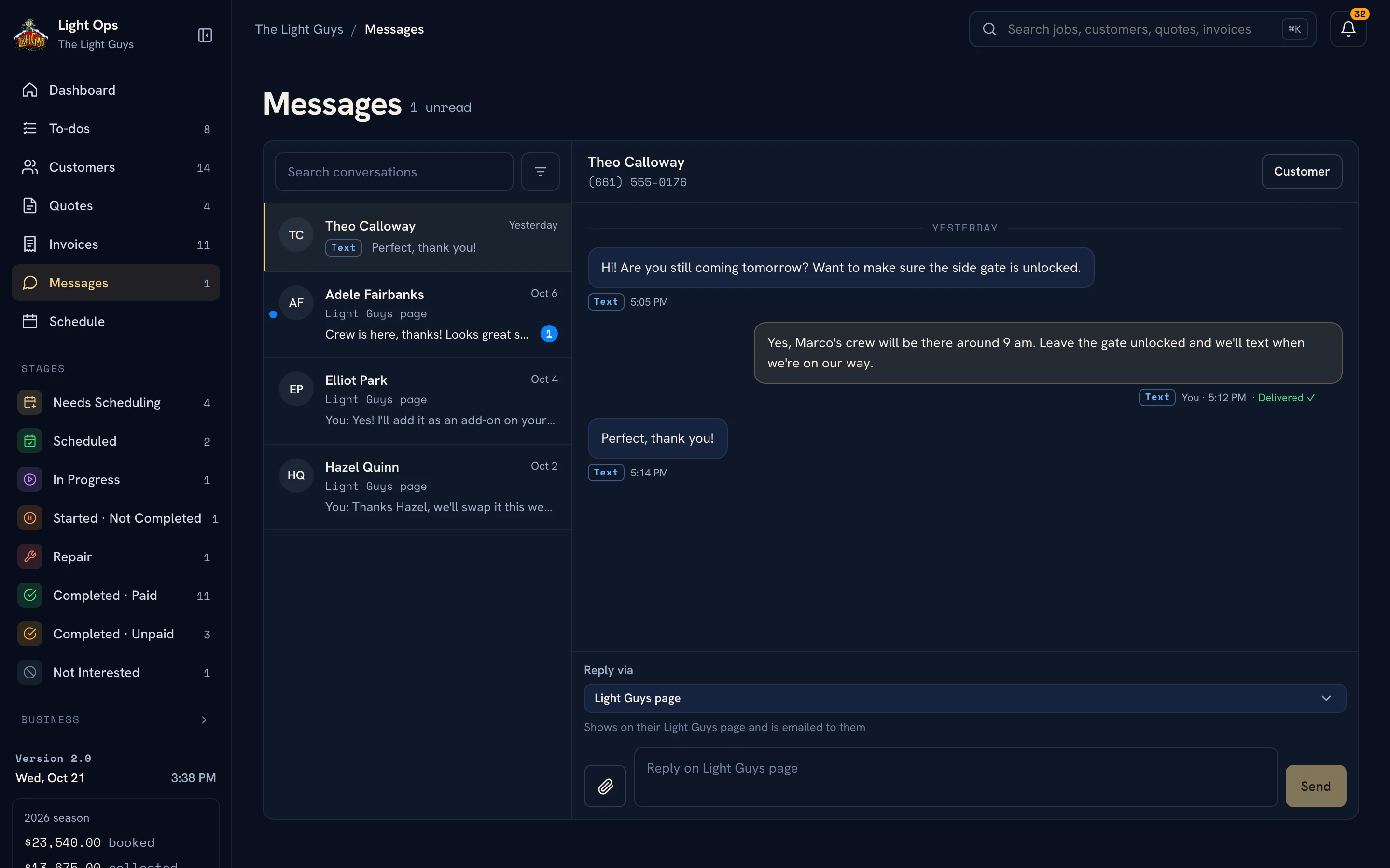 Messages with a text conversation open and a reply marked Delivered, beside conversations from customer pages