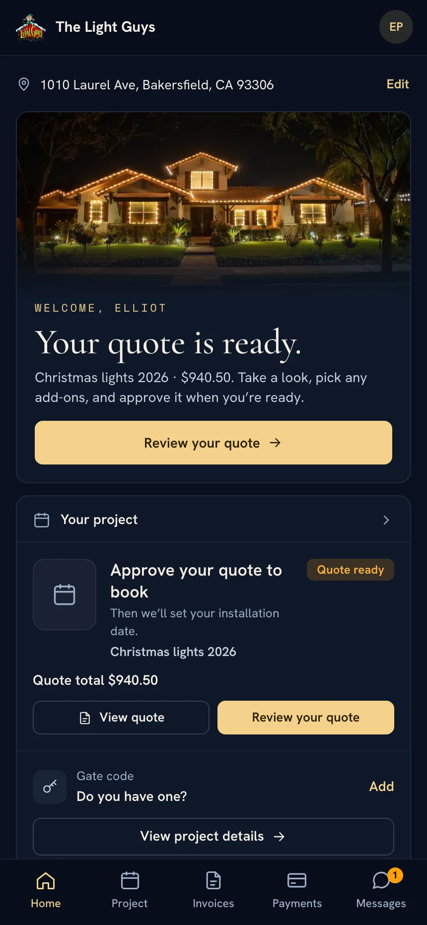 Customer page on a phone saying the quote is ready, with Review your quote and View quote buttons