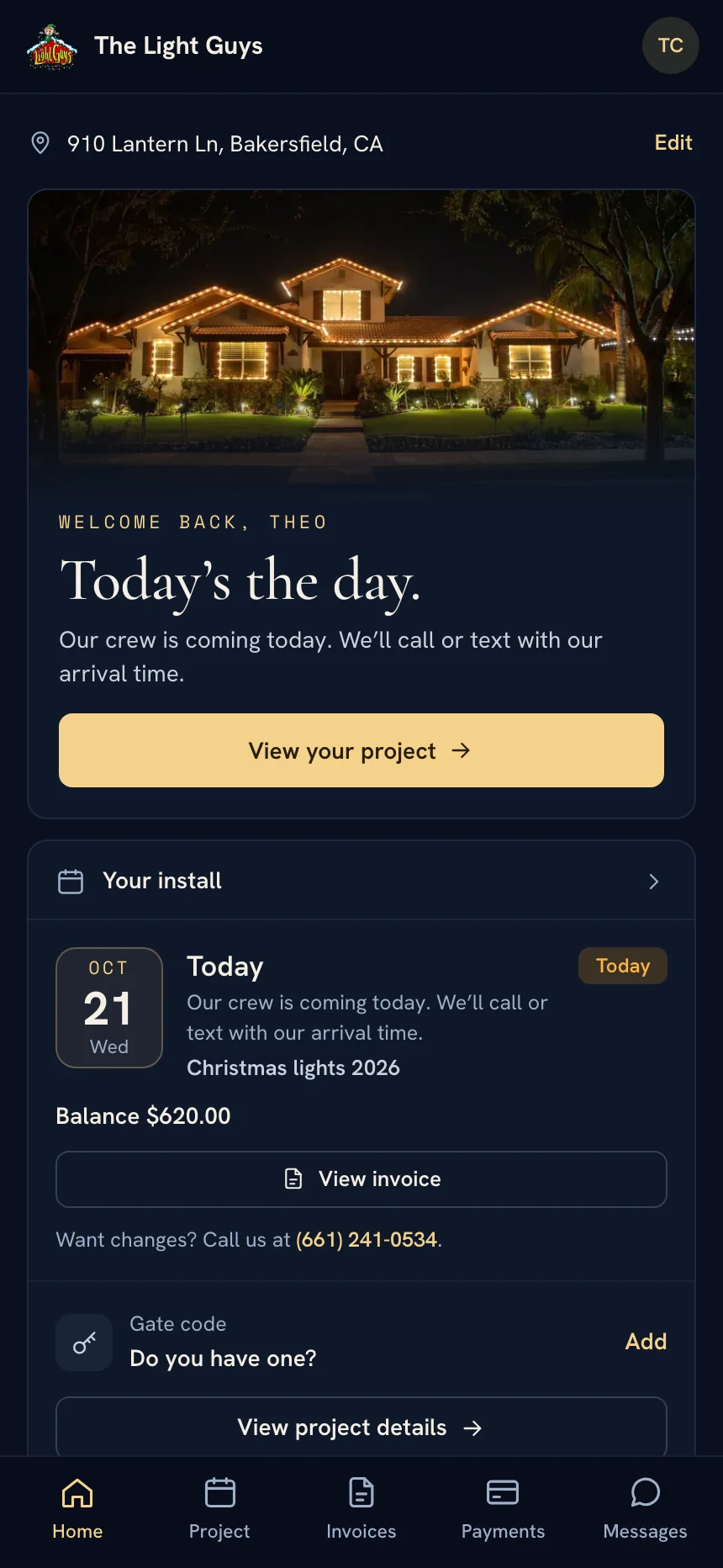 Customer page on a phone on install day, with the date, balance and View invoice