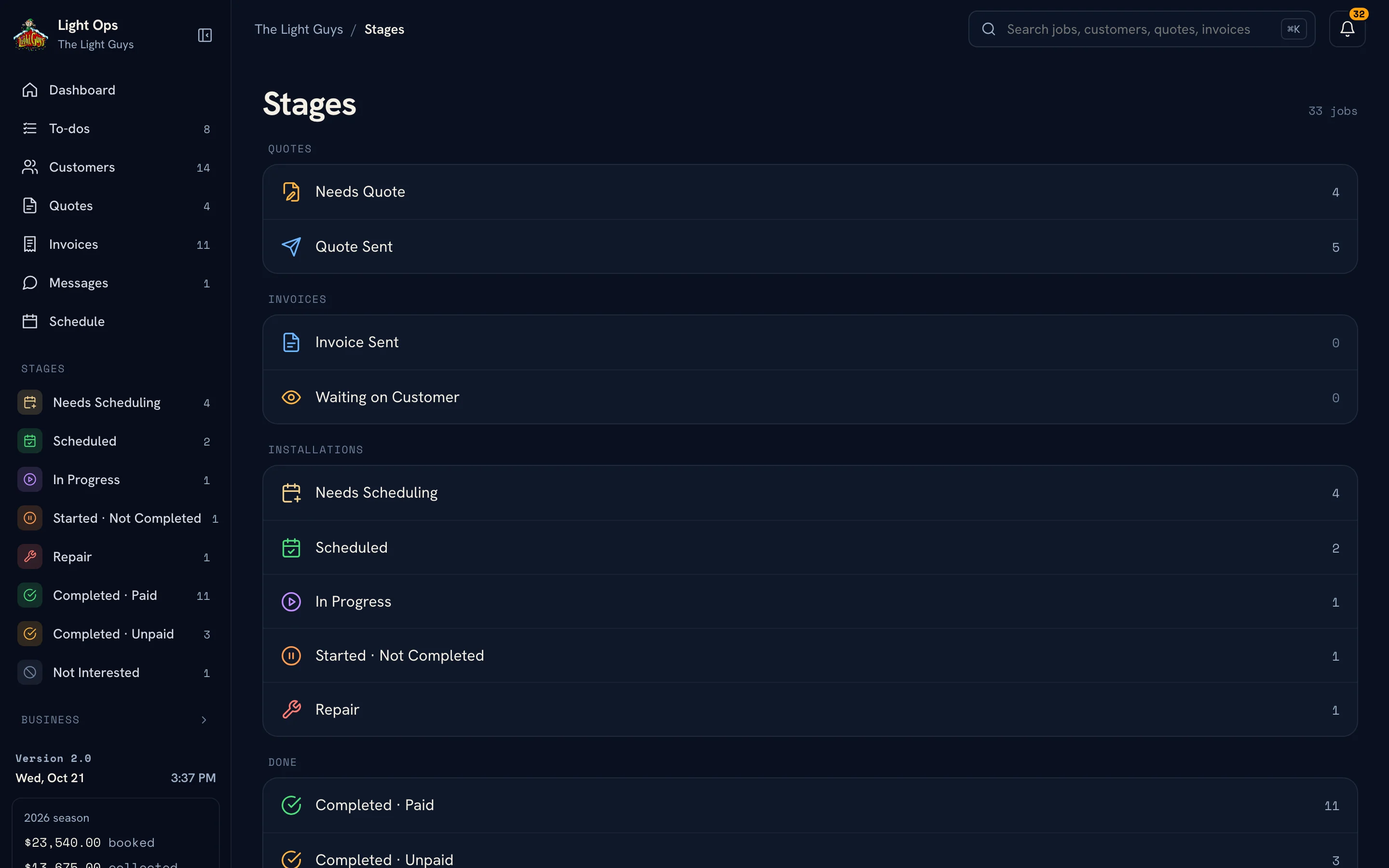 Light Ops 2.0 Stages page with quote, invoice, installation and done stages and a job count for each