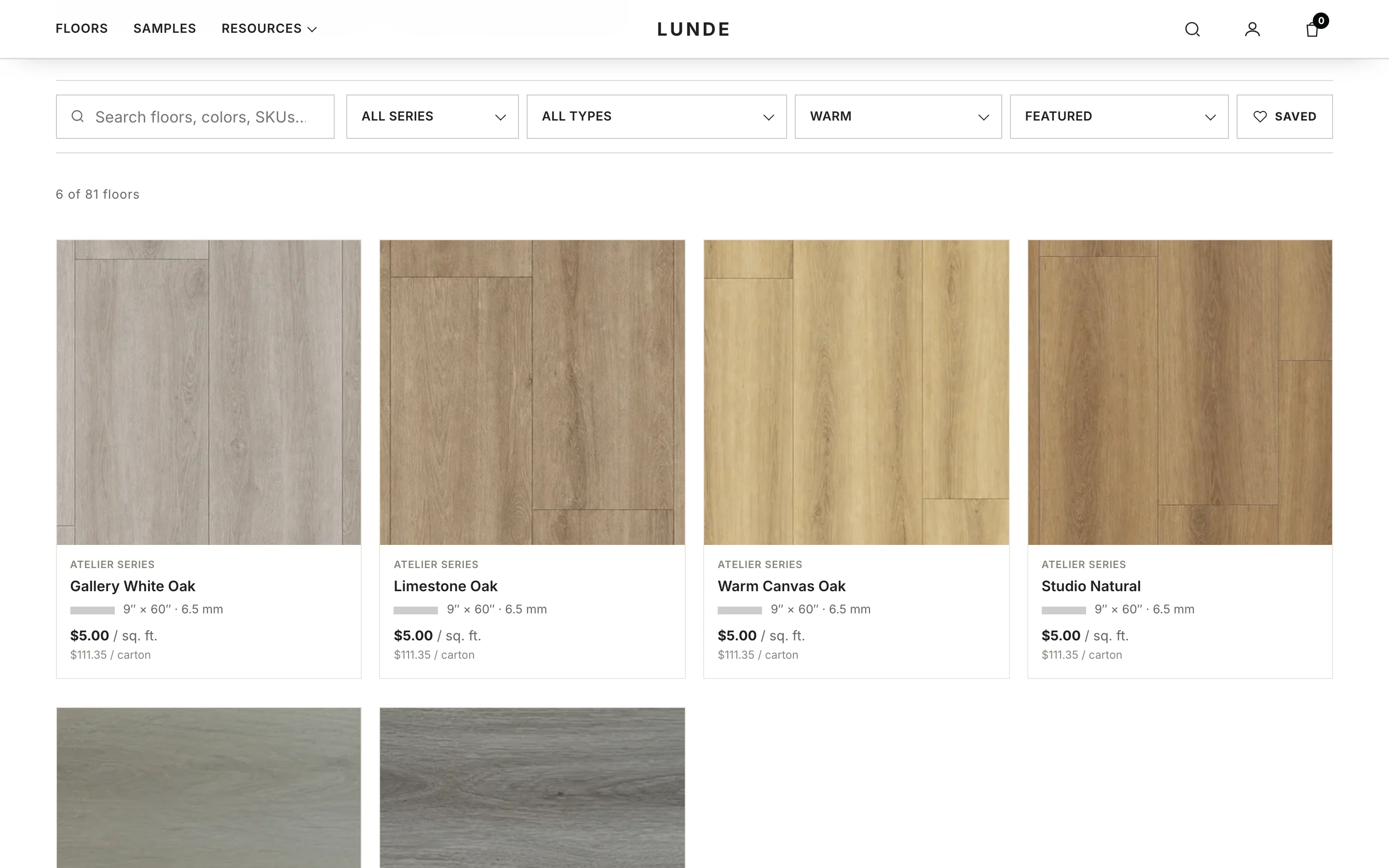 The catalog filter row we designed: search, series, type, tone, sort, and saved, with a result count reading 6 of 81