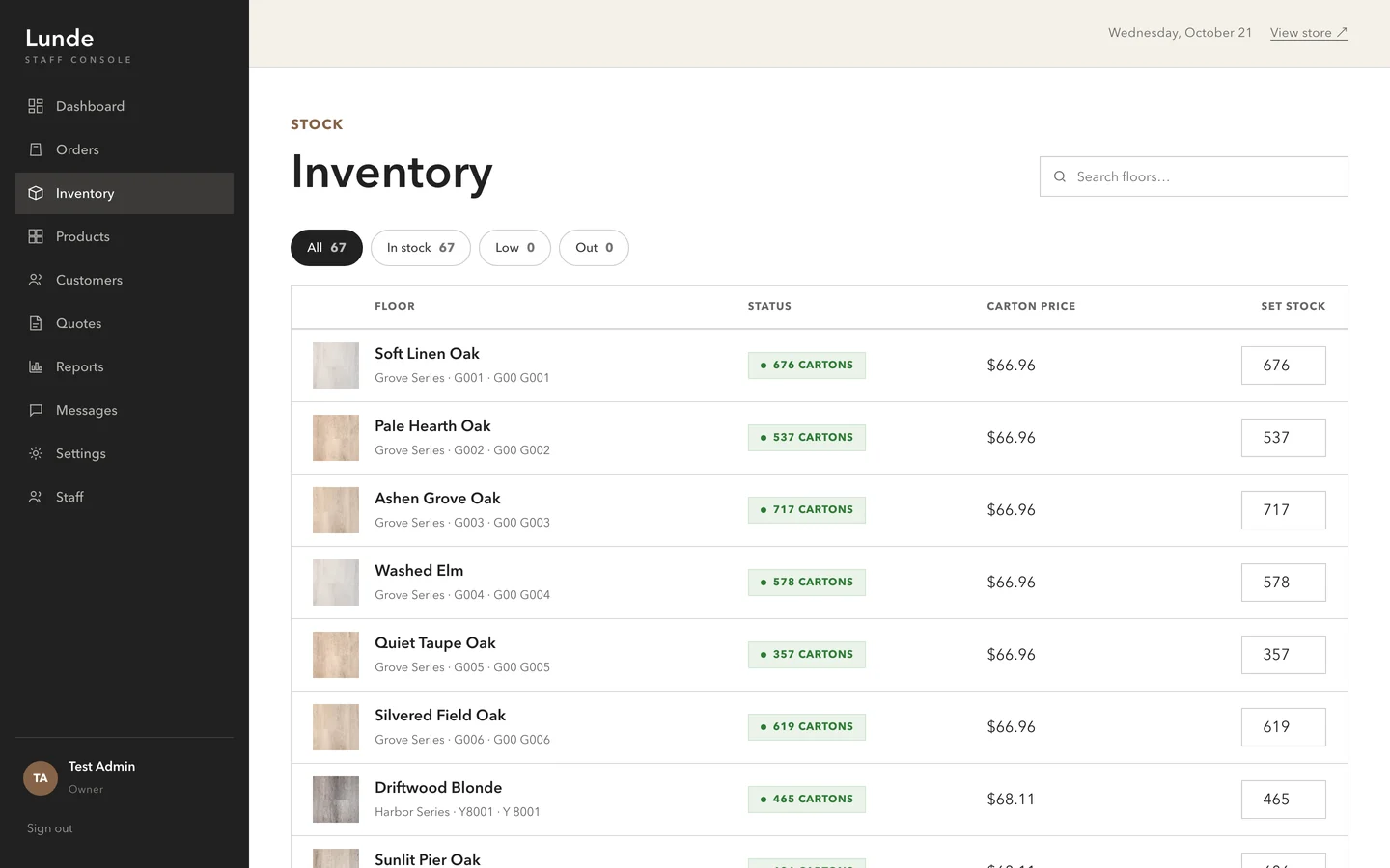 The Lunde staff console inventory screen