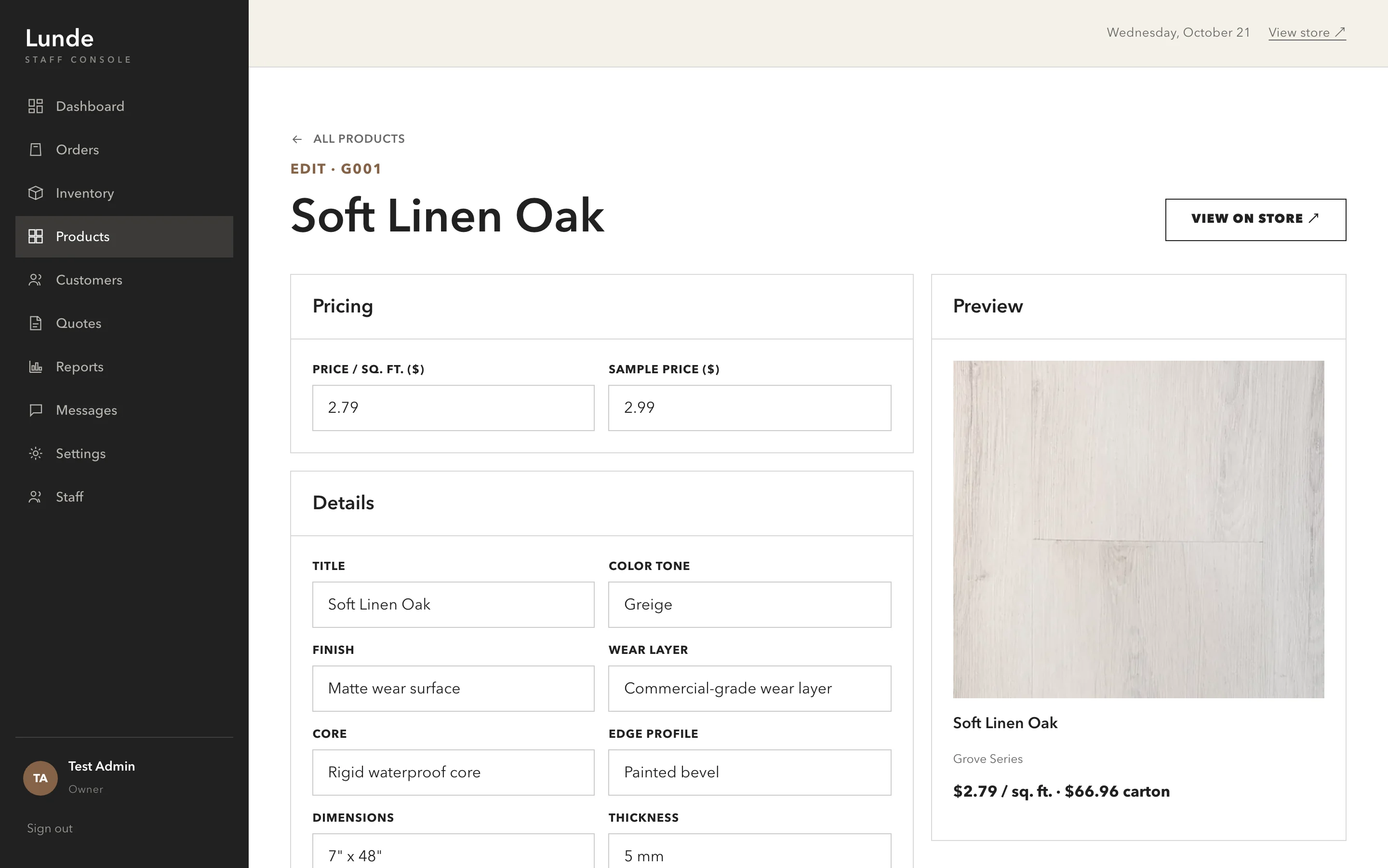 The product editor: pricing and detail fields on the left and a preview of the store card with price per square foot and per carton on the right