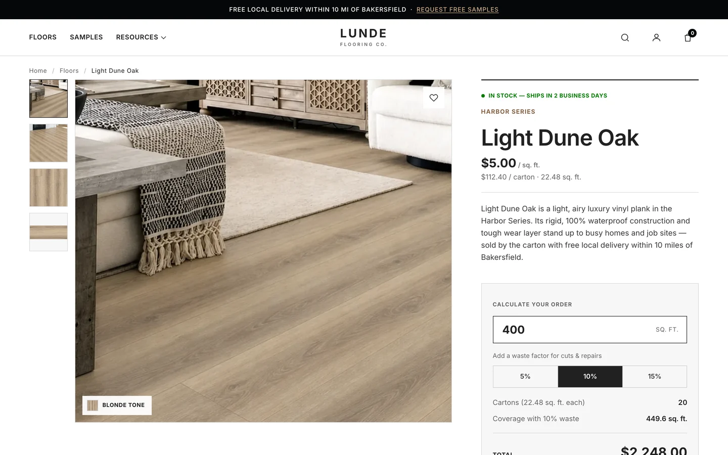 Lunde Flooring product page with the carton calculator