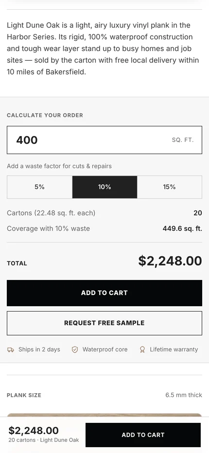 The mobile calculator showing 20 cartons and $2,248.00, with a bar pinned to the bottom that repeats the total beside Add to cart