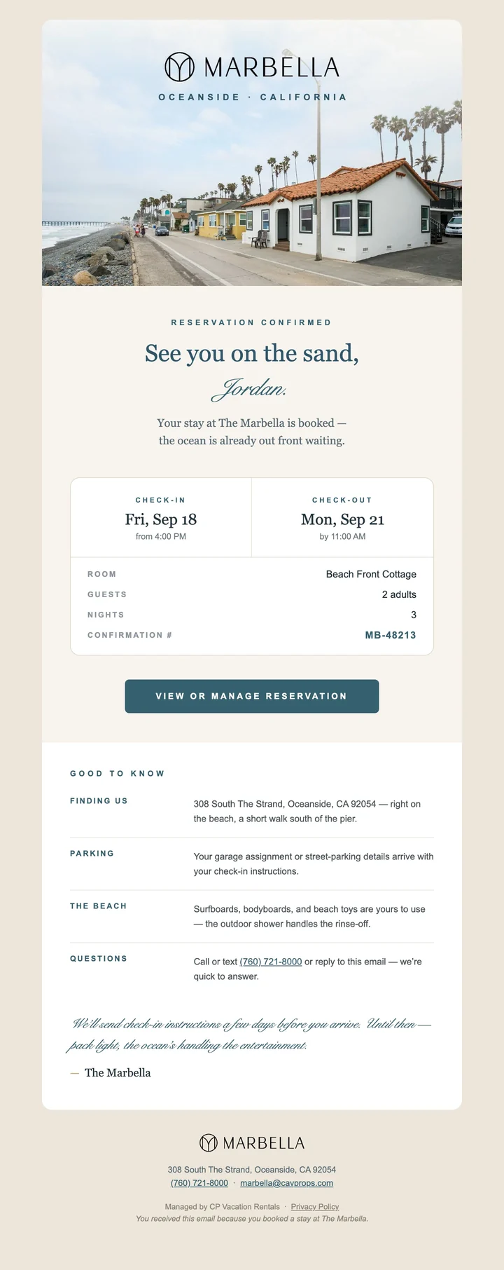 The Marbella booking confirmation email: a property photo, See you on the sand, check-in and check-out dates, room details, house notes, directions, and contact information