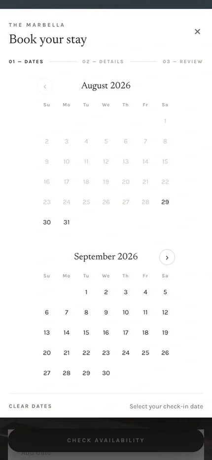 The mobile booking popup with the two months stacked in one scrolling column
