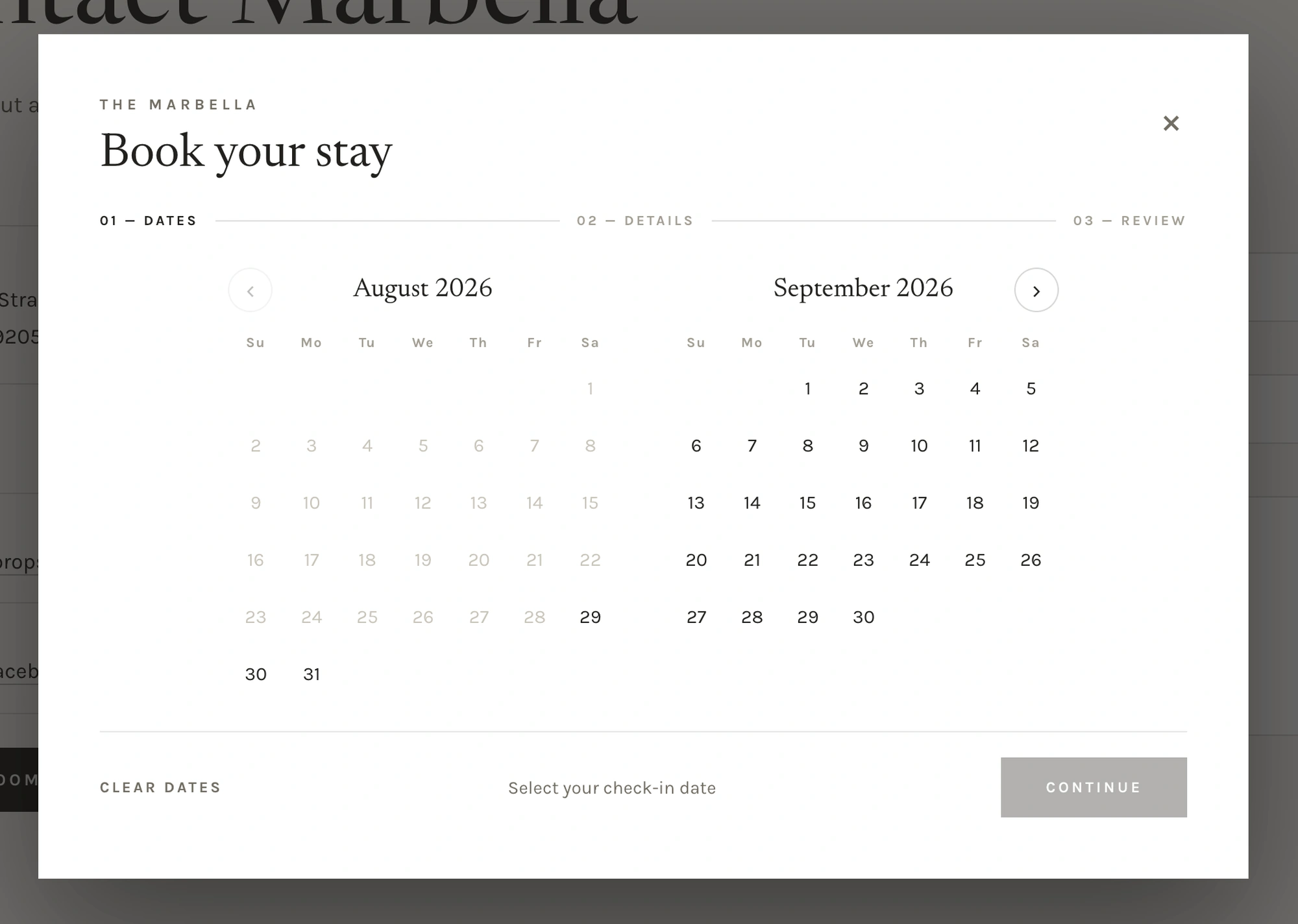 The desktop Book your stay popup showing August and September 2026 calendars, the Dates, Details, Review steps, and a disabled Continue button