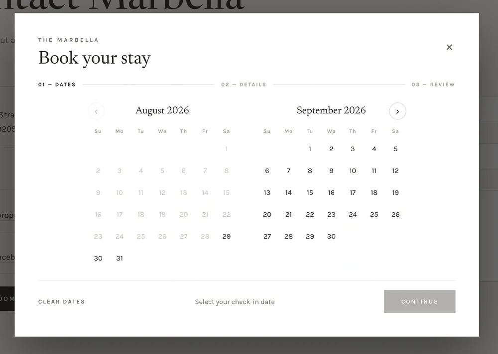 The Marbella booking popup with its two-month calendar