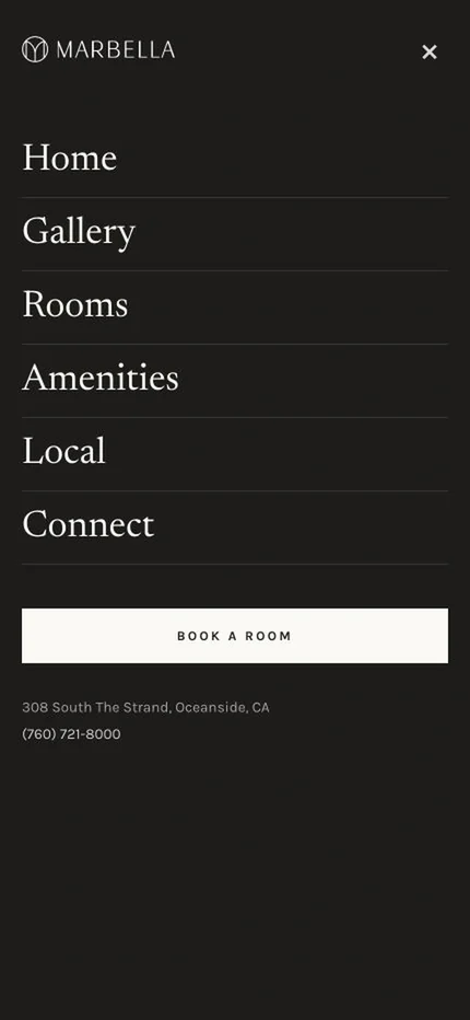 The Marbella mobile menu: Home, Gallery, Rooms, Amenities, Local, and Connect, with a Book a room button