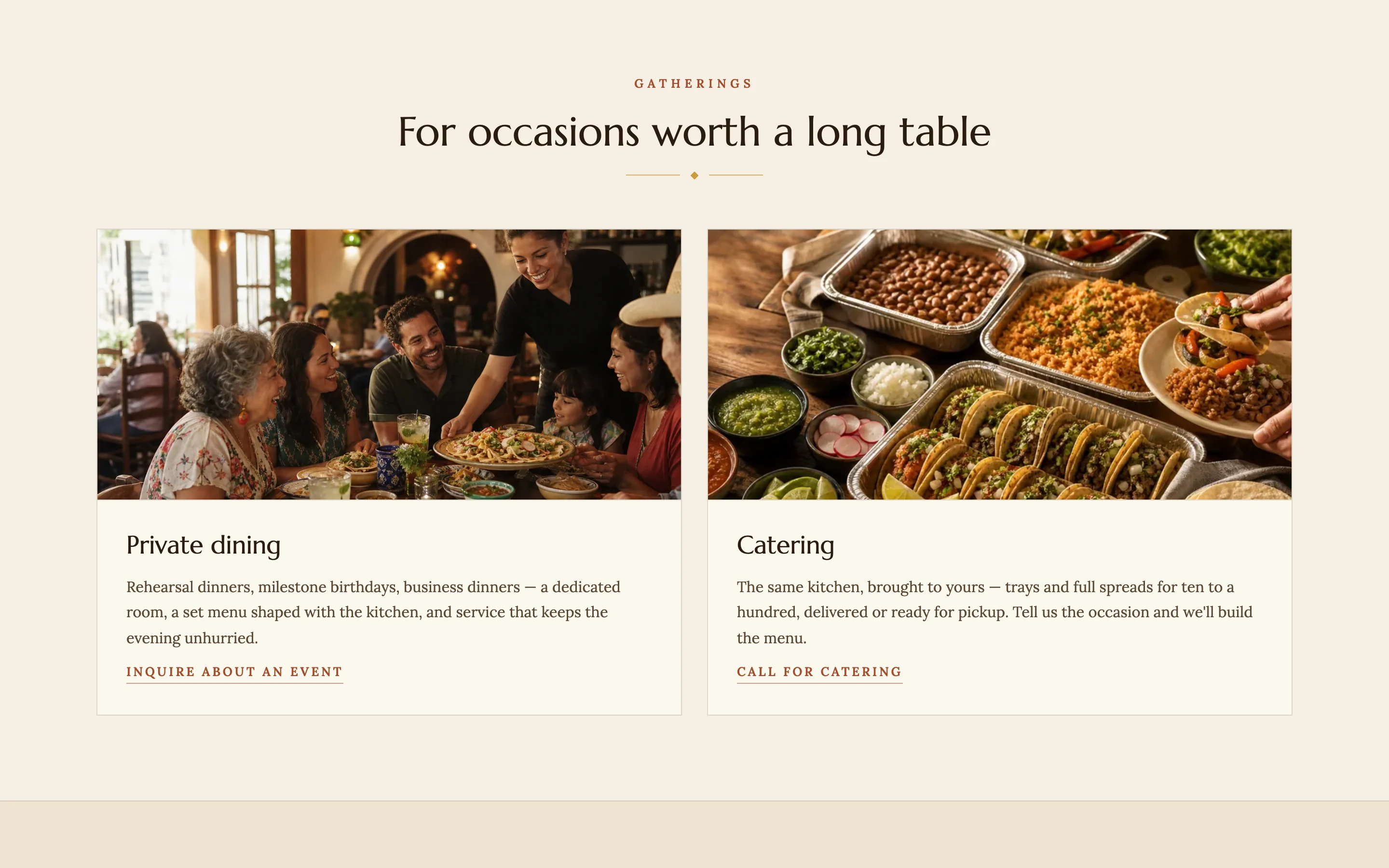 For occasions worth a long table: a Private dining card with Inquire about an event and a Catering card with Call for catering, above the Plan your visit section