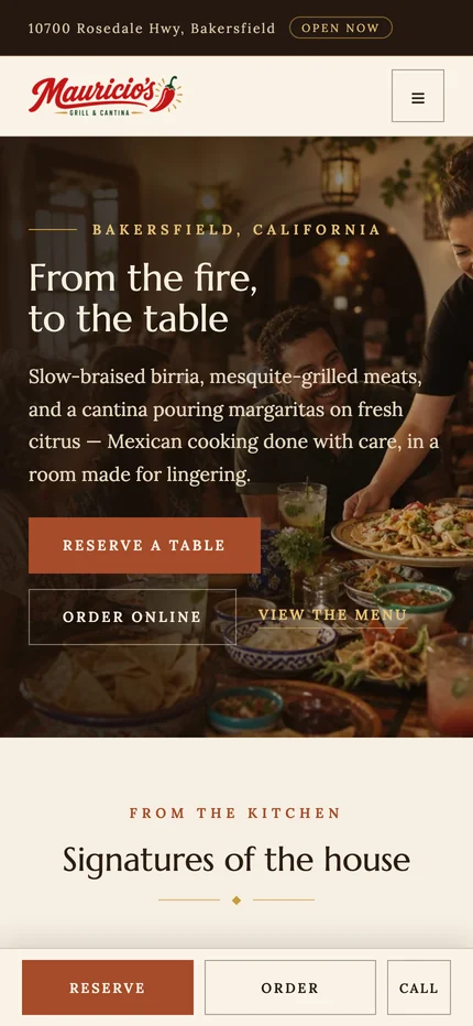 The prototype on a phone: the utility bar, the logo and menu button, the hero with Reserve a table and Order online, and a fixed bar with Reserve, Order, and Call