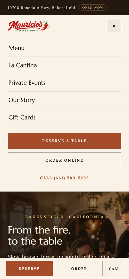 The open phone menu listing Menu, La Cantina, Private Events, Our Story, and Gift Cards, with Reserve a table, Order online, and a call link