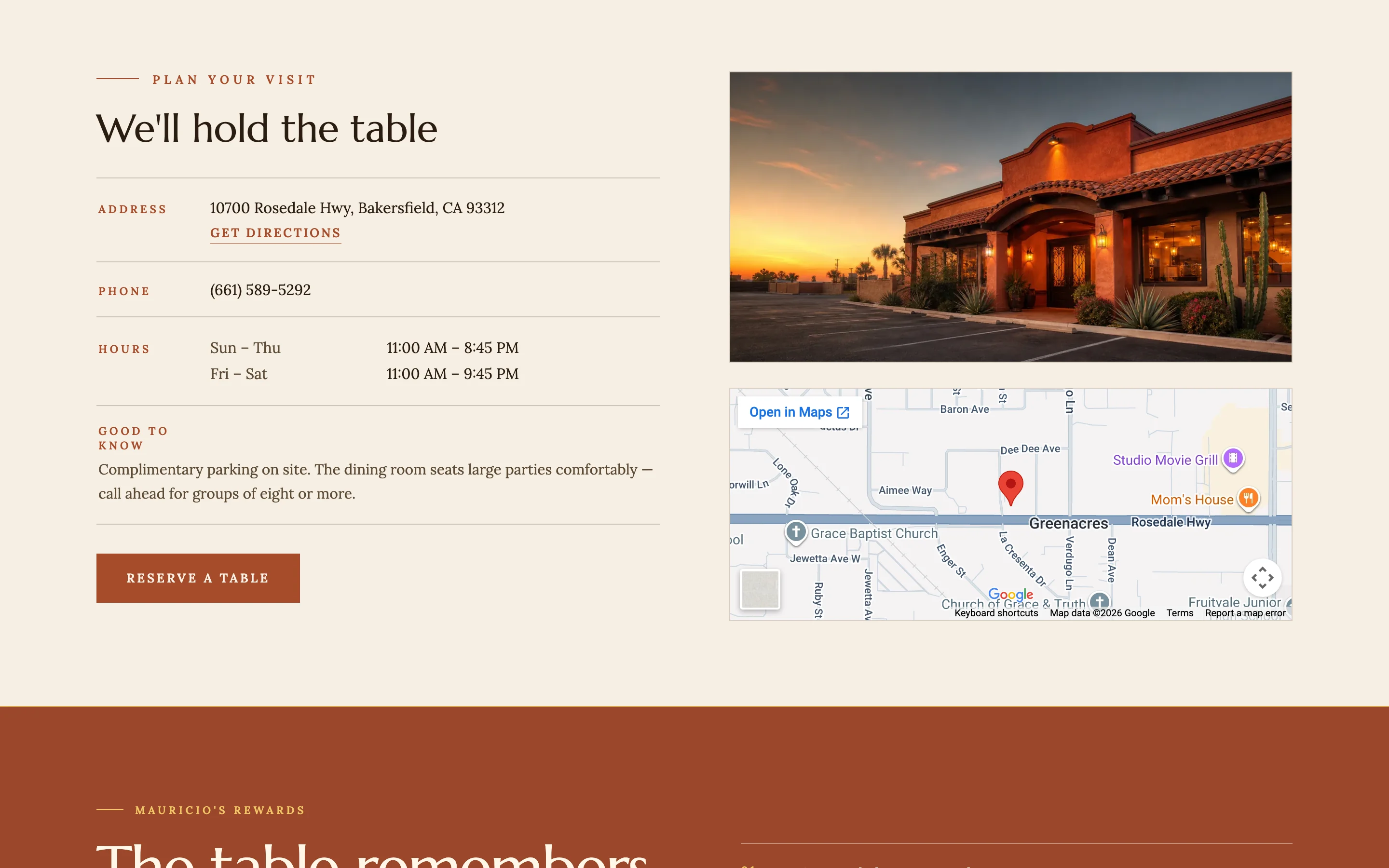 Plan your visit: address with Get directions, phone, hours for Sunday to Thursday and Friday to Saturday, parking and large-party notes, a Reserve a table button, and a map