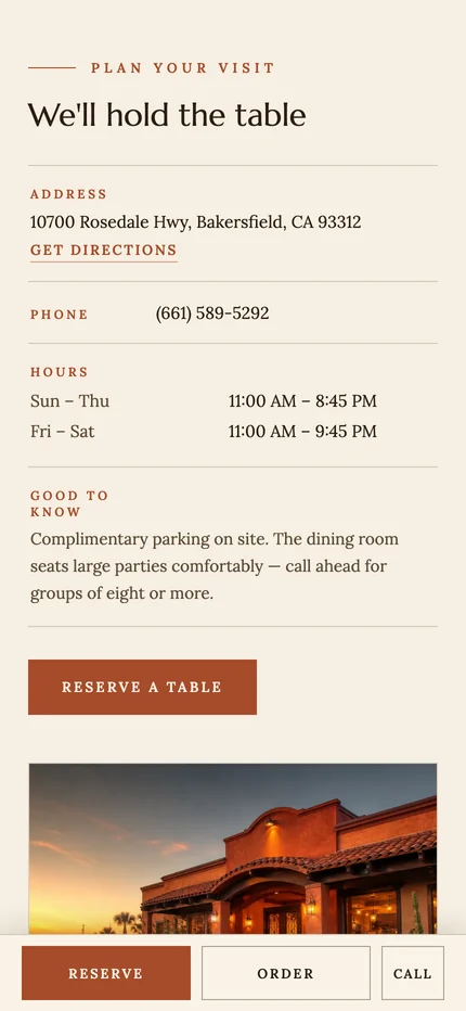 Plan your visit on a phone: address, directions, phone, hours, and parking notes in one column, above the Reserve, Order, and Call bar