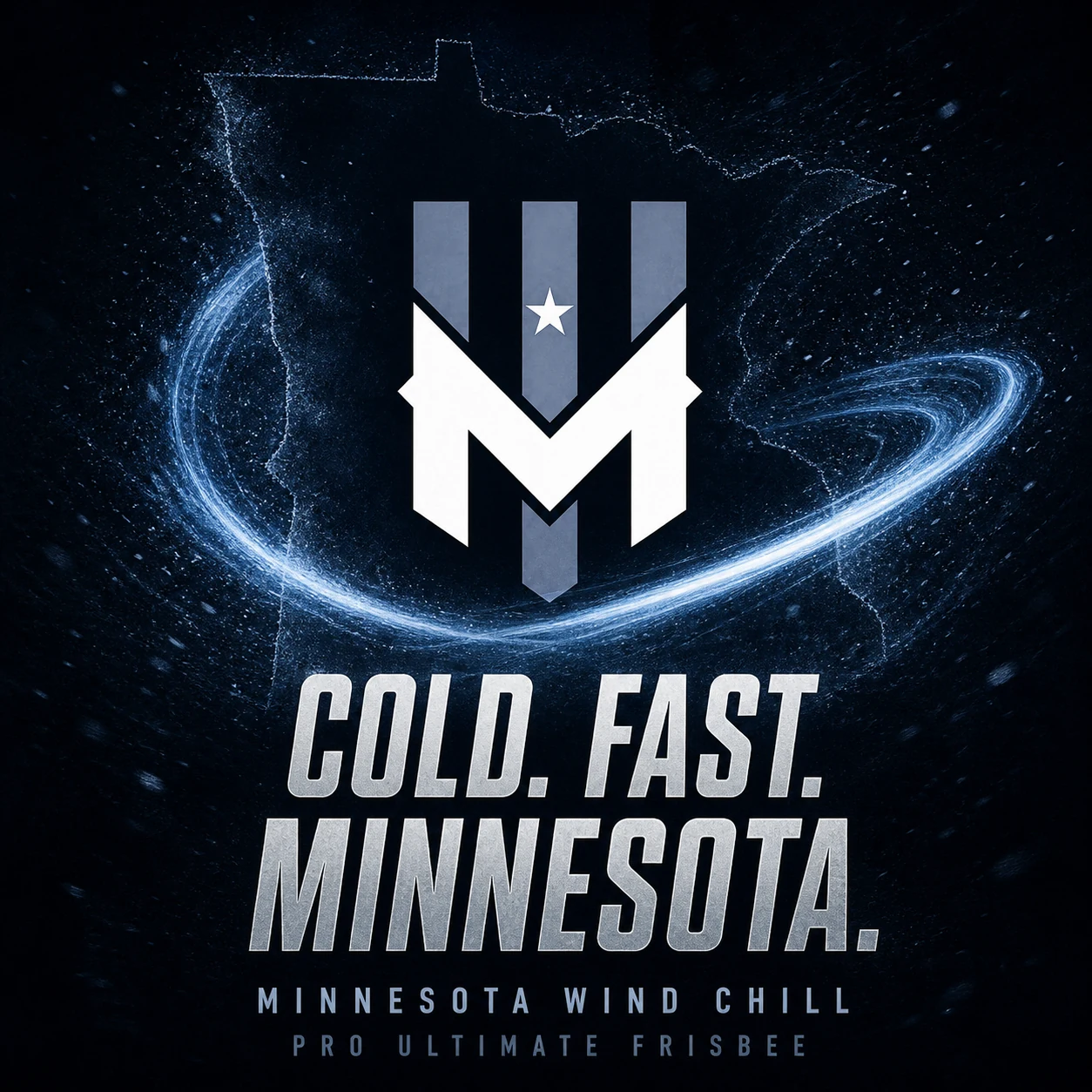 Cold. Fast. Minnesota., a brand ad with the team mark over an outline of Minnesota on a dark, icy background