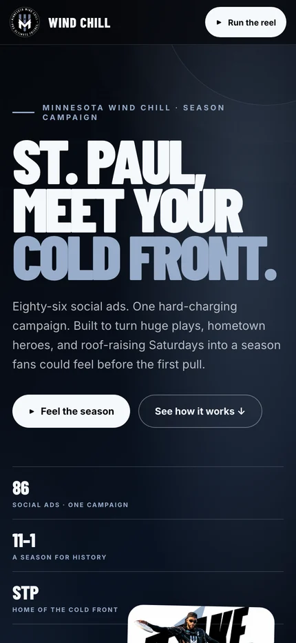 The campaign website opening on a phone, with the St. Paul, meet your cold front headline, introduction, and buttons above the season figures