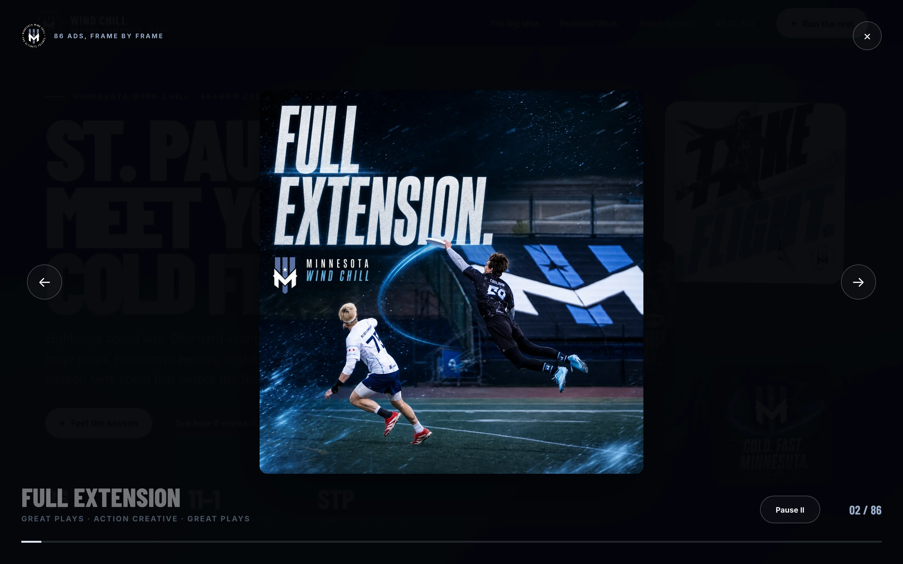 The full-screen reel on desktop showing the Full Extension ad with previous and next arrows, its title and category, a pause button, and the counter 2 of 86