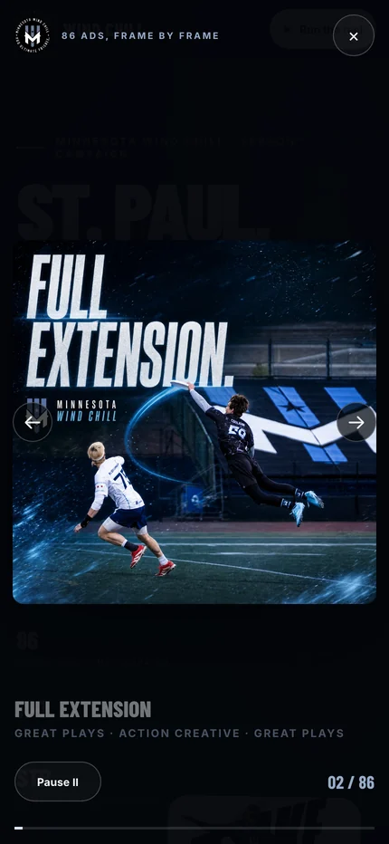 The reel on a phone showing the Full Extension ad with its title, category, pause control, and position counter