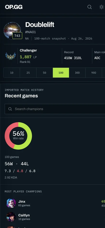 The mobile player overview with identity, rank summary, range controls, and recent games in one column