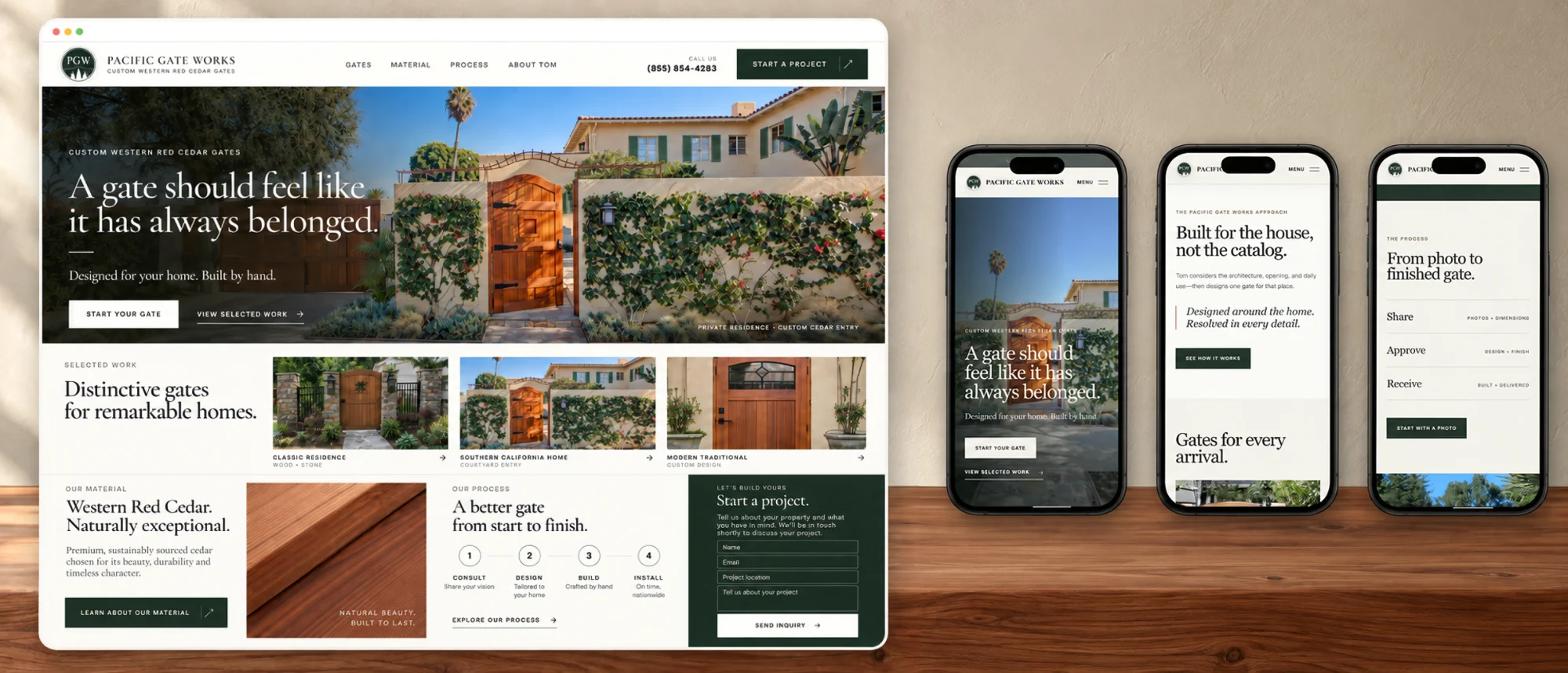 Pacific Gate Works identity and website shown across a laptop and phones