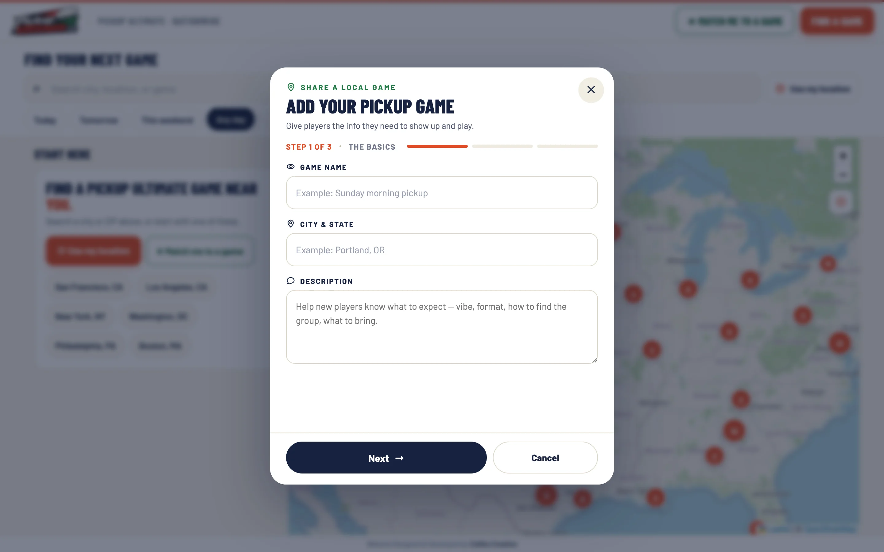 The Add your pickup game dialog on desktop at step 1 of 3, The basics, with game name, city and state, and description fields and Next and Cancel buttons