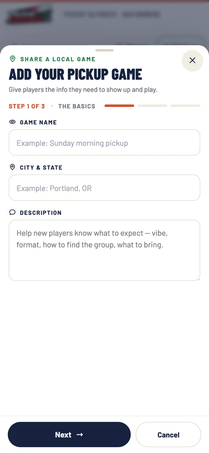 The add game form on a phone as a bottom sheet at step 1 of 3, with the Next button pinned at the bottom