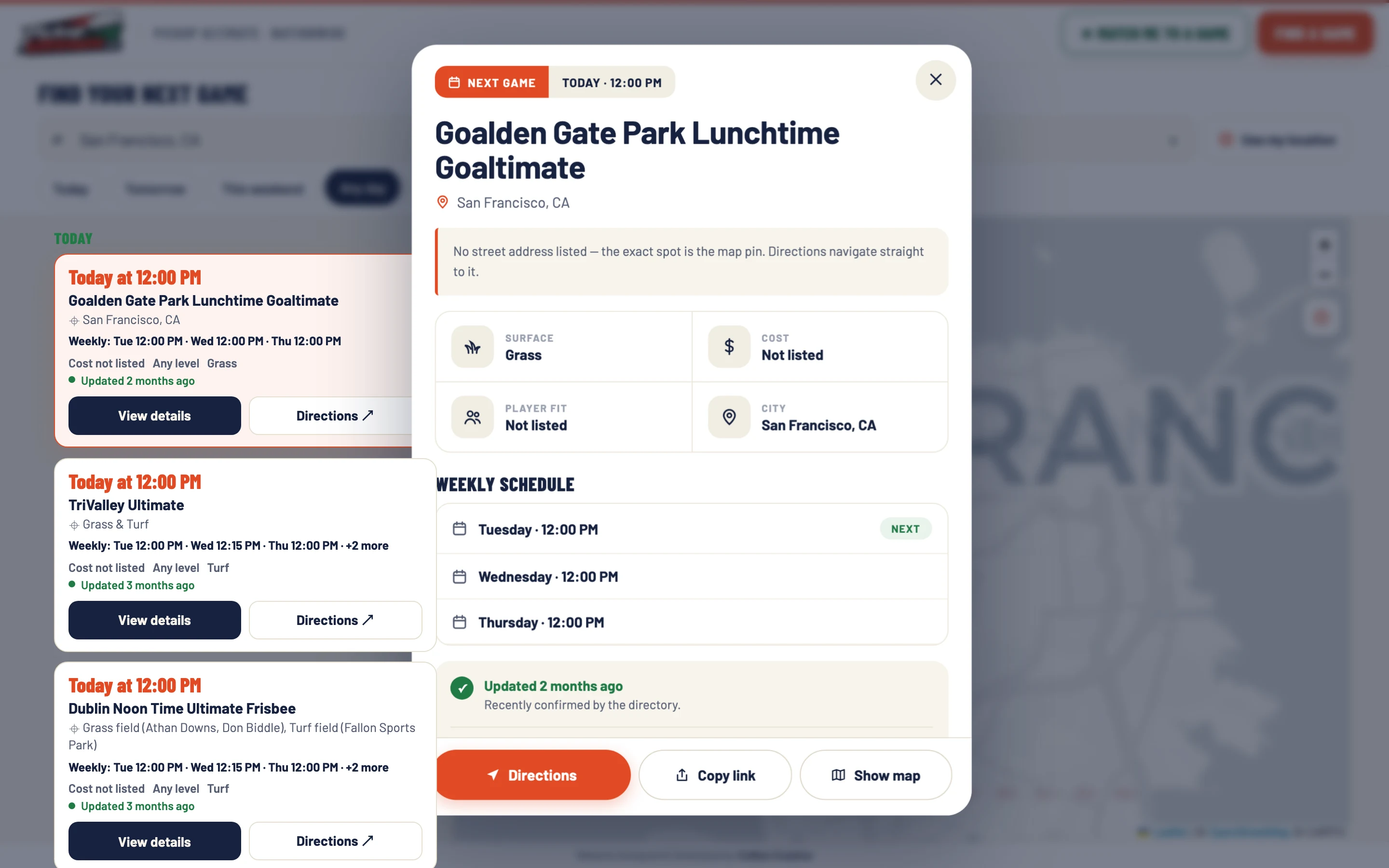 A game detail panel over the results list: a Next game badge, a note that no street address is listed, surface, cost, player fit, and city, the weekly schedule, and Directions, Copy link, and Show map buttons