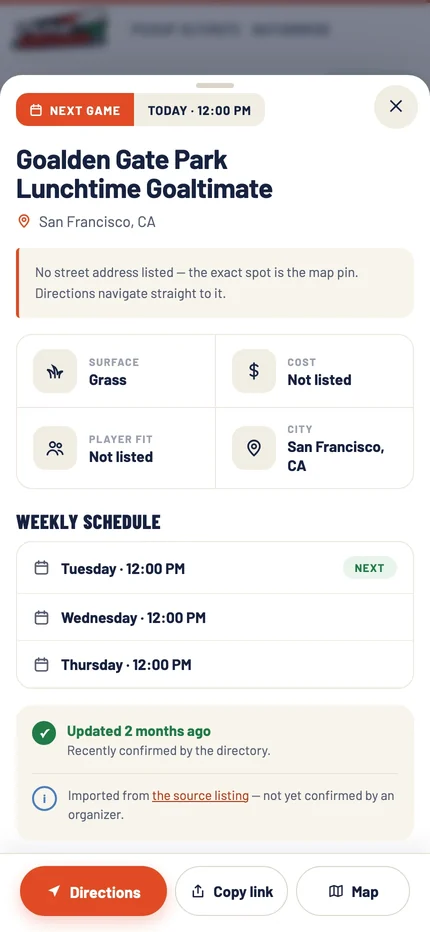 The mobile game detail sheet with surface, cost, player fit, the weekly schedule, and a Directions button at the bottom