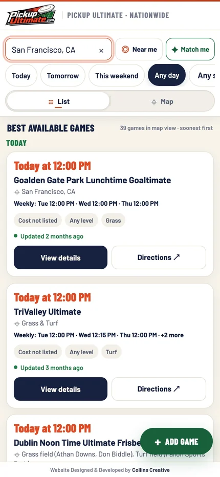 The mobile list view for San Francisco, with day filters, a List and Map switch, and game cards led by their next time