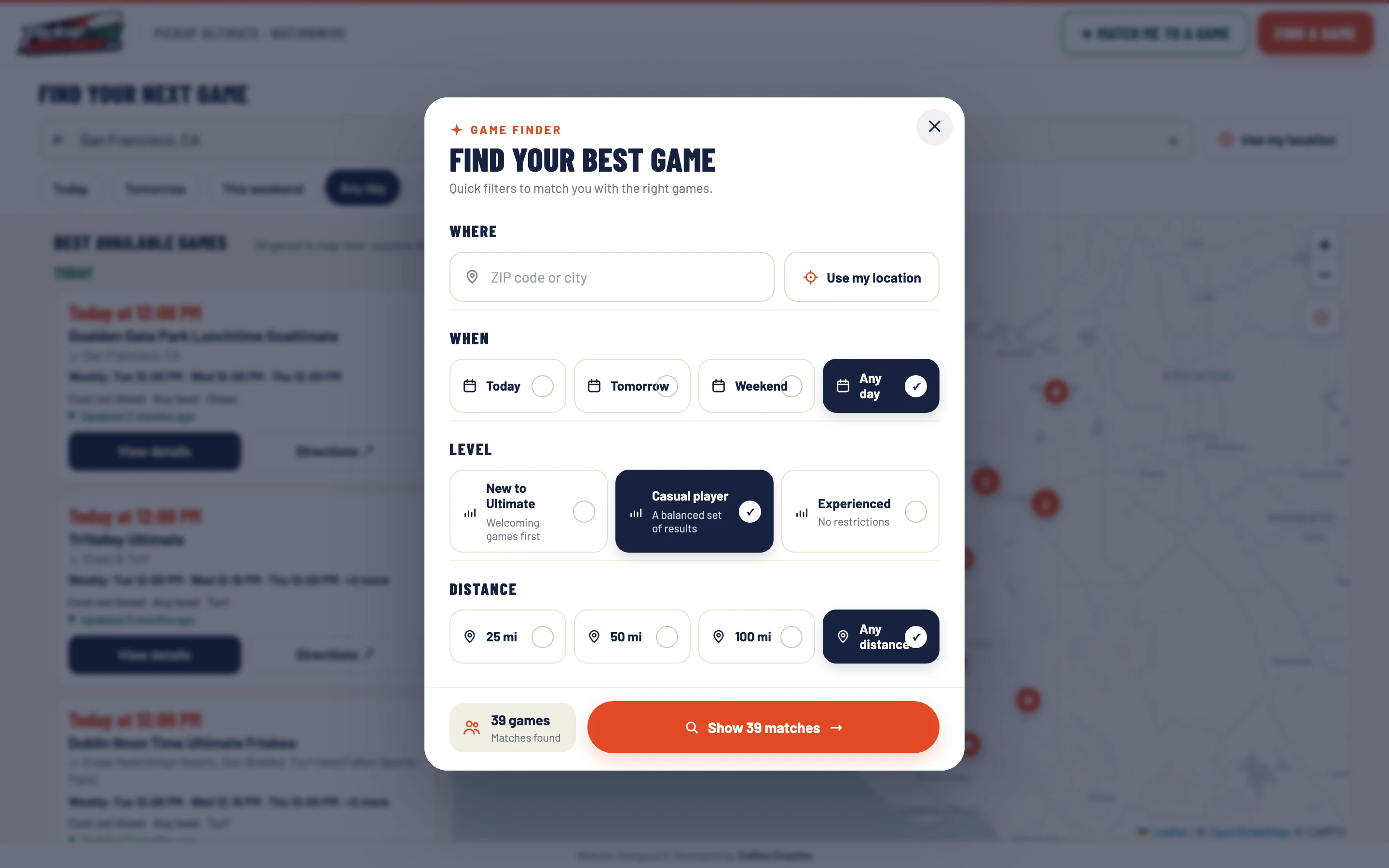 The Find your best game panel with choices for where, when, player level, and distance, and a button to show 39 matches