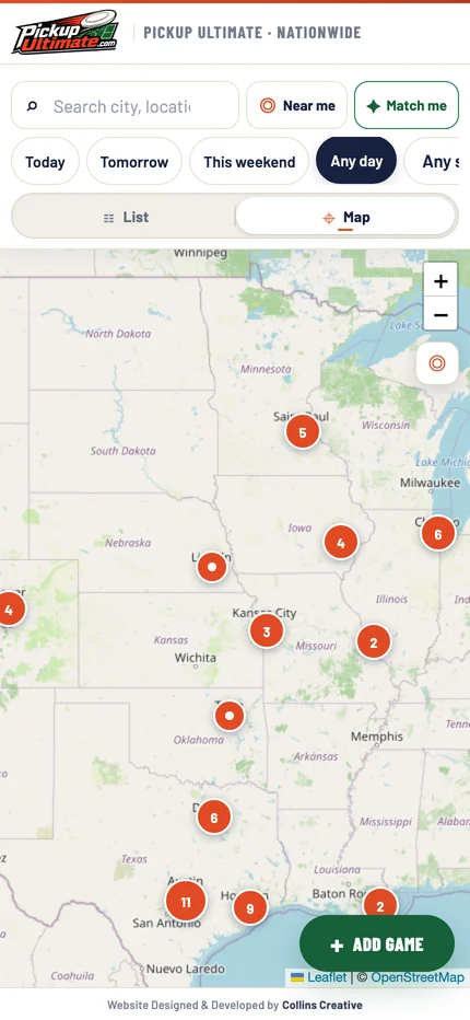 The mobile map view with numbered clusters of games across the central United States and an Add game button