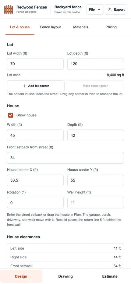 Mobile Design panel with lot dimensions and house controls