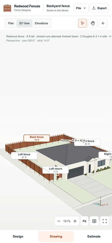 Mobile Drawing panel showing the house and fence in 3D with view and camera controls