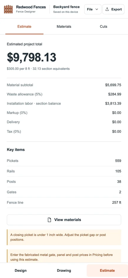 Mobile Estimate panel with the sample total, cost breakdown, and key quantities