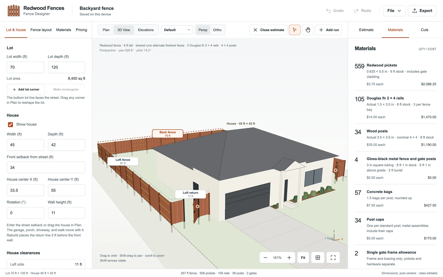 The 3D fence design beside its materials panel listing quantities, unit costs, and line totals