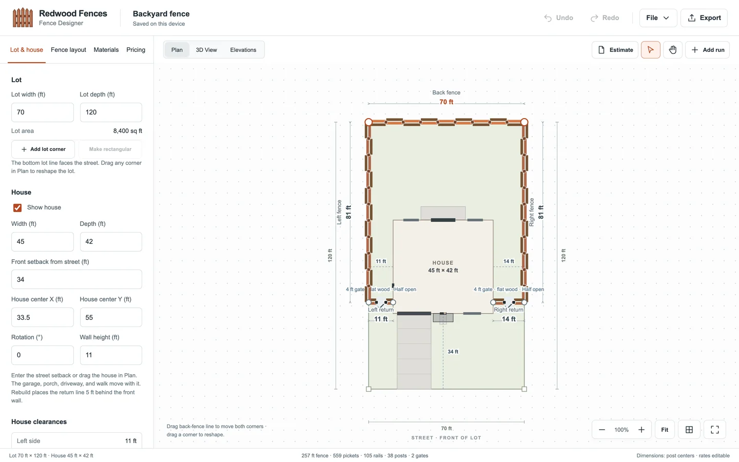 Top-down site plan showing the house inside its property boundary, with dimensioned fence runs and side gates