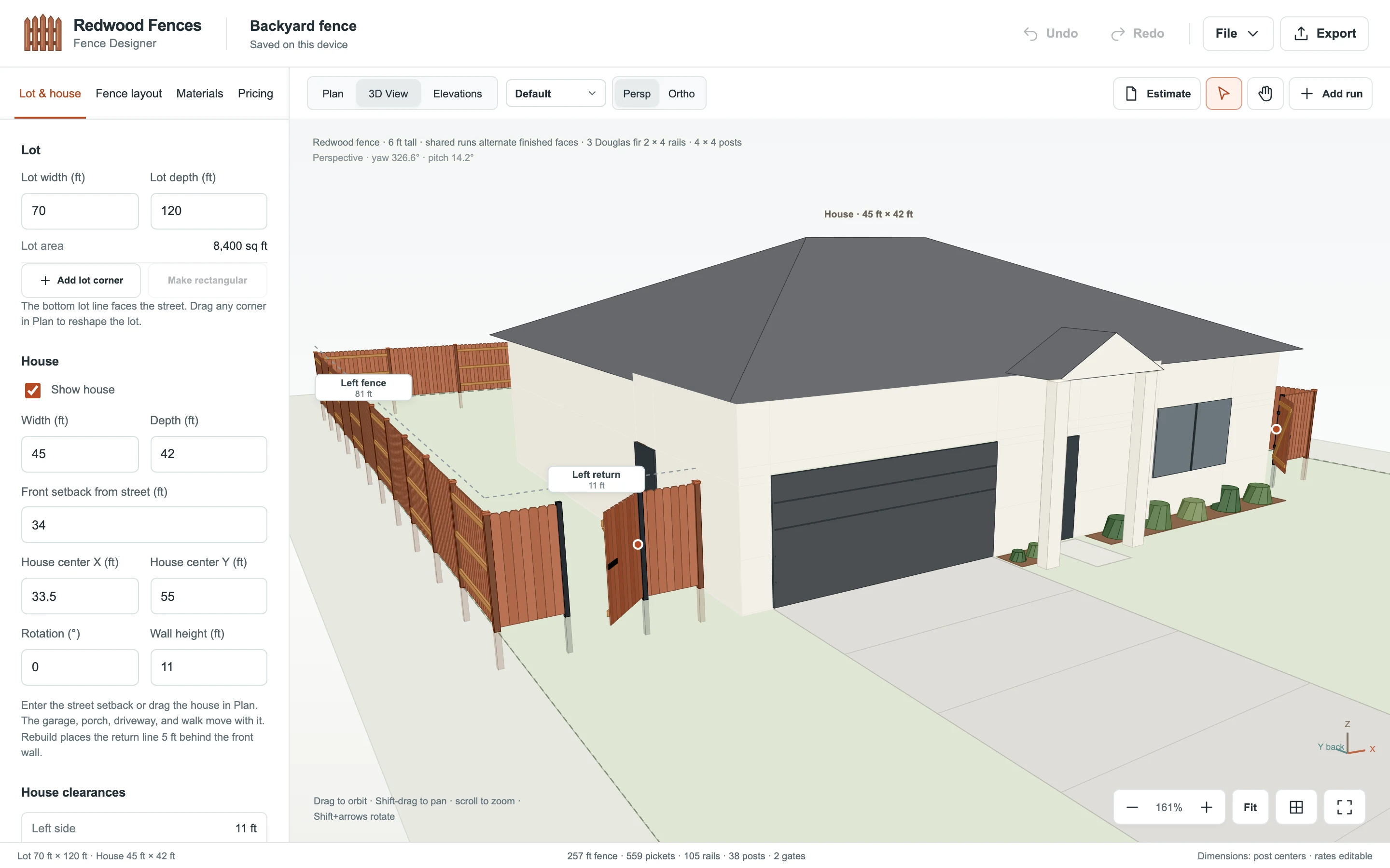 Redwood fence designer with house and lot dimensions