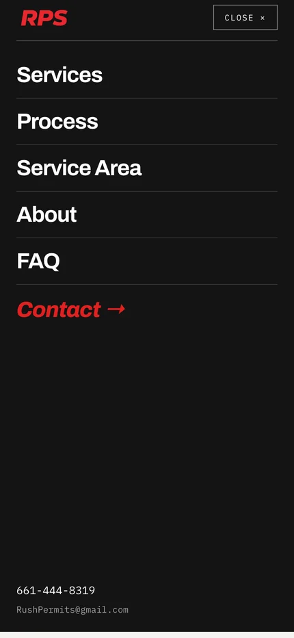 The mobile menu open with large links for Services, Process, Service Area, About, FAQ, and Contact, and the phone number and email at the bottom