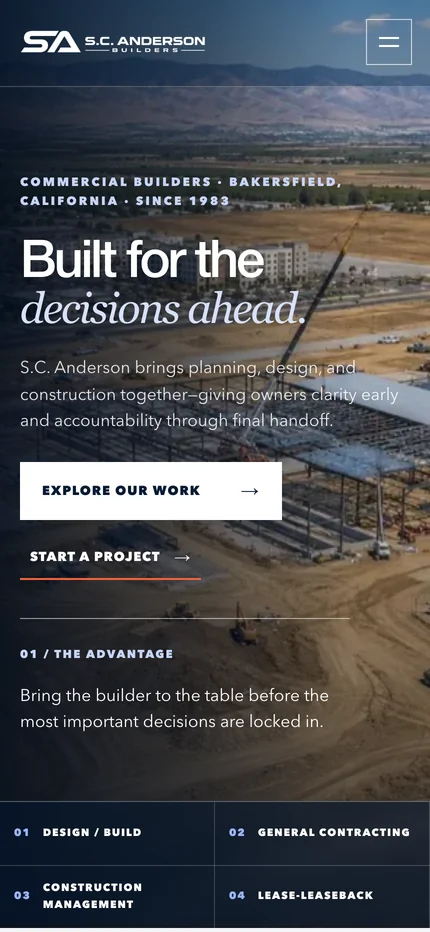 The S.C. Anderson homepage on a phone with the headline, Explore our work, and Start a project