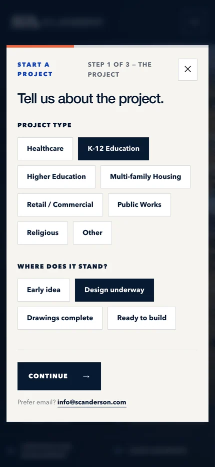 Step 1 of the inquiry on a phone, with K-12 Education and Design underway selected