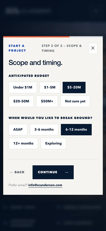 Step 2 of the inquiry on a phone, with a $5 to 20M budget and a 6 to 12 month groundbreaking selected