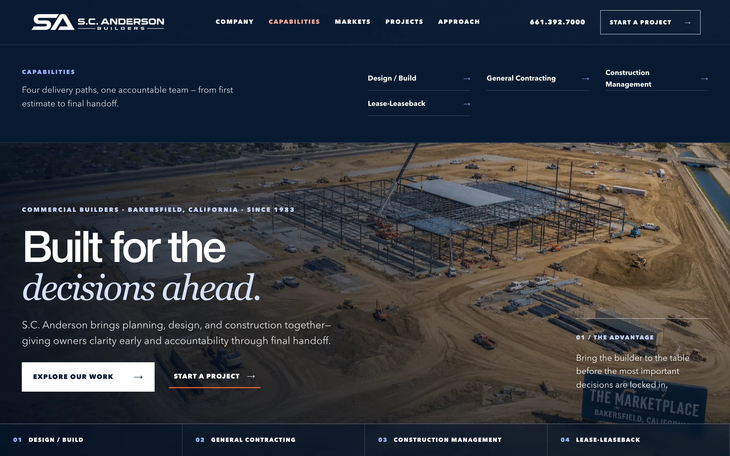 The desktop header with Capabilities open: a navy panel listing Design / Build, General Contracting, Construction Management, and Lease-Leaseback