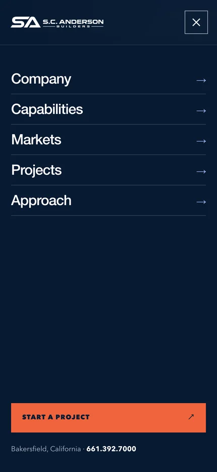 The mobile menu listing Company, Capabilities, Markets, Projects, and Approach, with a Start a project button
