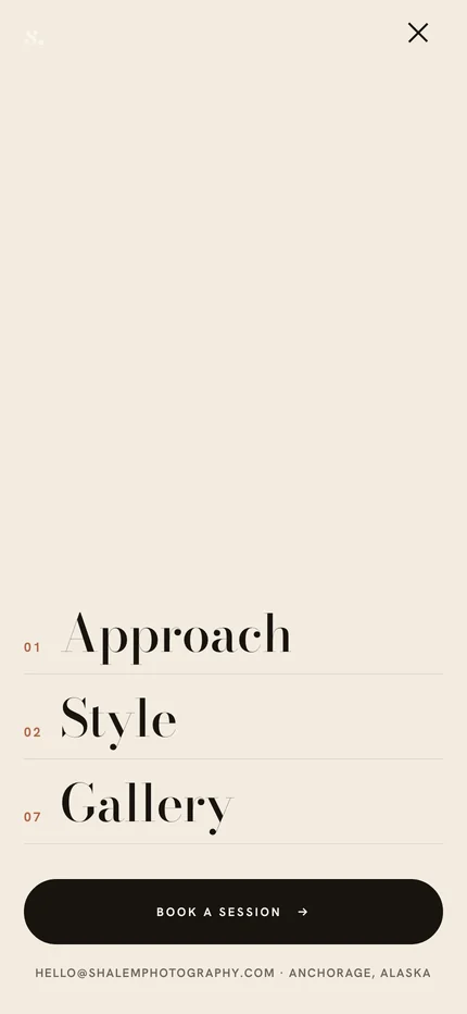 The full-screen phone menu with Approach, Style, and Gallery, a Book a session button, and the studio email and location