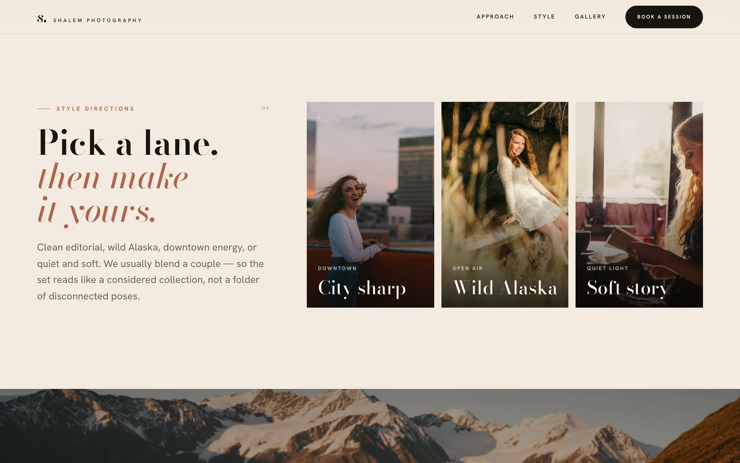 Style directions: Pick a lane, then make it yours, beside three tall cards labelled City sharp, Wild Alaska, and Soft story
