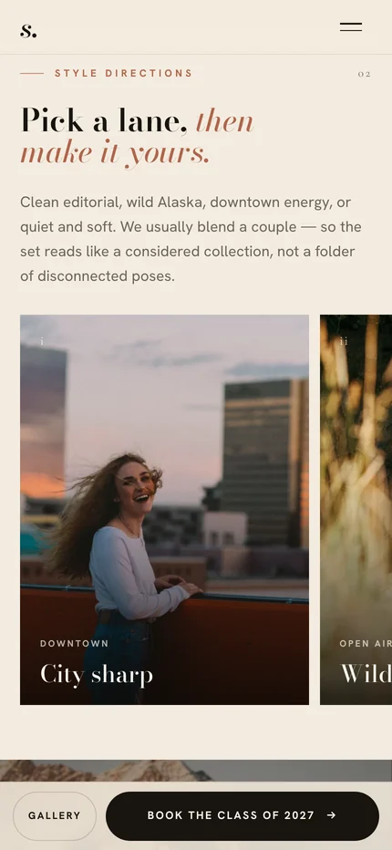 Style directions on a phone as a sideways row of large cards, with a bottom bar offering Gallery and Book the Class of 2027