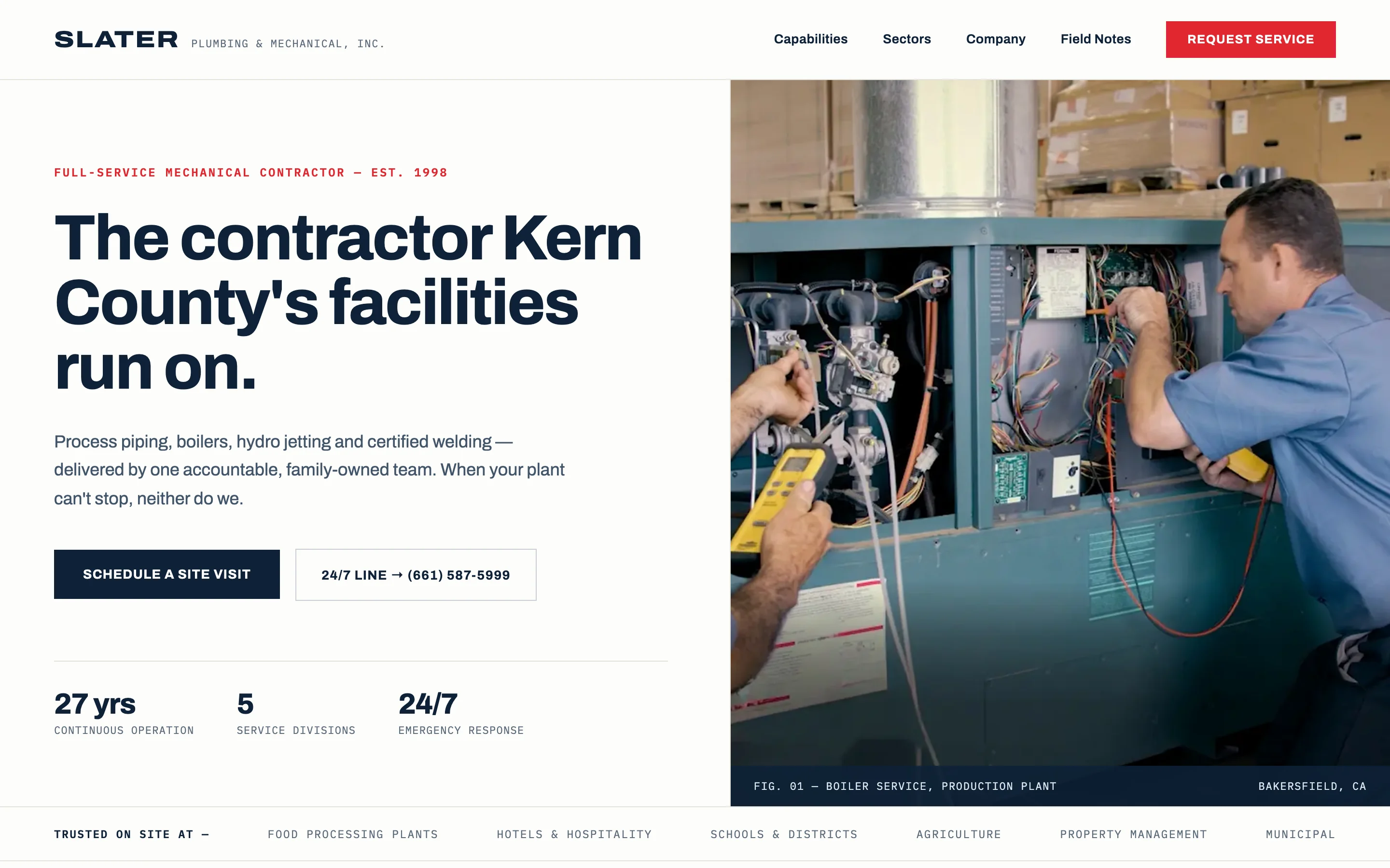 The Blueprint precision direction: a light layout with a headline for facility managers, Schedule a site visit and 24/7 line buttons, three figures, and a captioned field photo